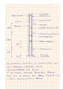 Håndskrevet tegning som viser detaljert oppbygning av en skorstein med målinger og komponentbeskrivelser.