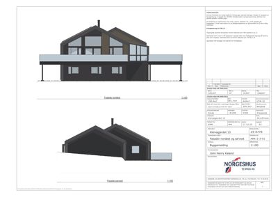 Fasadetegning som viser bygningens utseende sett fra nordøst og sørøst, inkludert mål og konstruksjonsdetaljer.