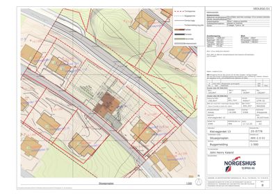 Situasjonsplan som viser tomtens beliggenhet, grenser, eksisterende og planlagt bebyggelse, samt tekniske data om arealet.