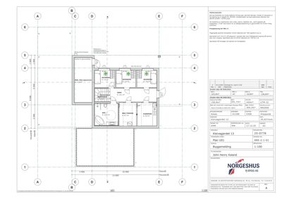 Etasjeplan (1. etasje) med romfordeling, mål og arealoppsummering for en bolig.