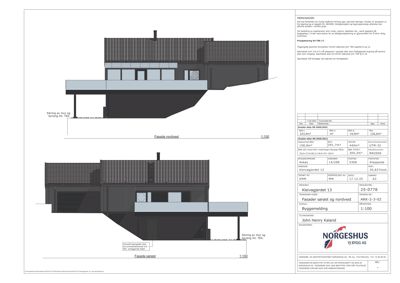 Fasadetegning som viser bygningens utseende sett fra nordvest og sørøst, inkludert detaljer om vinduer, tak og materialer.