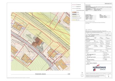 Situasjonsplan som viser tomtens grenser, nabotomter, vegsystem og bygningers plassering i forhold til hverandre.