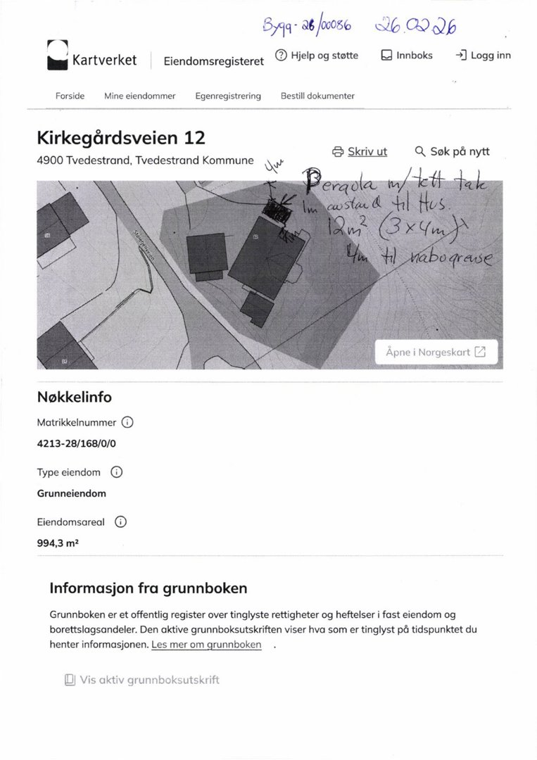 Situasjonsplan fra Kartverket Eiendomsregisteret som viser eiendomsnummer, matrikkelnummer, areal og en tegning av bygningene på tomten.