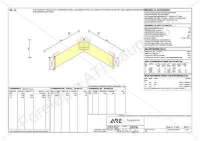 Tegning som viser tværnitt av en avstivning (T6-1x) med opplysninger om dimensjoner, materialer, belastninger og forankring.