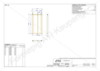 Tegning som viser et tverrsnitt av en stolpe (YV4-1x) med dimensjoner, materialeopplysninger og en tabell over konstruksjonsdetaljer.