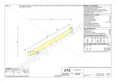 Tegning som viser et tverrsnitt av en konstruksjon (T5a-1x) med dimensjoner, materialer og belastninger.