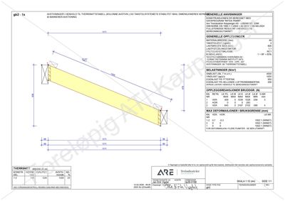 Tegning av et tværssnitt (tverrsnitt) av en konstruksjon, med oppgitt dimensjoner, materialer og beregningsresultater.