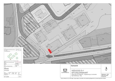 Situasjonskart (vedlegg D-1) som viser bygningens plassering i forhold til nabolag, veier og tomtegrenser.