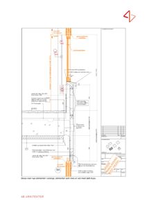 En detaljert fasadetekning som viser konstruksjonen av en takterrasse med takfyll, takflis, og gjennomgående motløp.