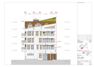 Fasadetegning som viser utvendig utsikt på bygningen med høydeangivelser og romnummer.
