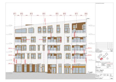 Fasadetegning som viser utvendig utsikt på bygningens fasade med vinduer, dører og mål.