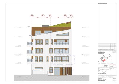 Fasadetegning som viser bygningens utvendige utseende, materialvalg og høydemål.