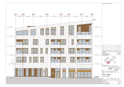 Fasadetegning som viser utvendig utsikt på bygning med vinduer, dører og mål.