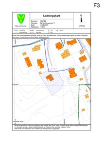Ledningskart som viser kommunale vann- og avløpsledninger i området rundt eiendommen.