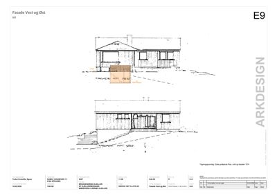 Fasadetegning (opprikk) av en bygning sett fra vest og øst, med tegningstittel 'Fasade Vest og Øst' og skala 1:100.