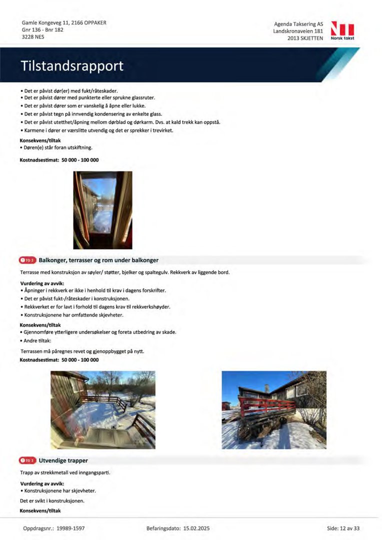 Fotografier av en balkong og en utvendig trapp som er inkludert i en tilstandsrapport.