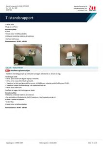 Fotografier av et toalettrom med skader og mangler, inkludert toalett, vask og gulv.