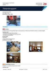 Et dokument (tilstandsrapport) som inneholder flere fotografier av en boliginteriør og fasade.