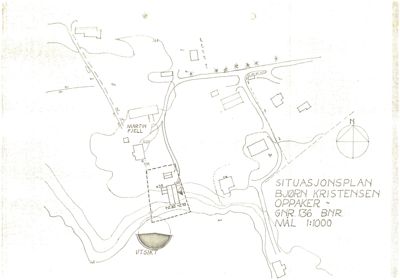 Situasjonsplan for eiendommen Bjørn Kristensen, Oppaker, med bygningsplassering, vei og utsikt.