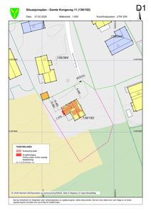 Situasjonsplan som viser tomtens grenser, nabotomter, eksisterende og planlagt bebyggelse, samt endringer i bruksformål (kjeller) for eiendommen 136/182.