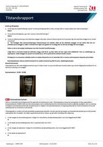 Fotografier av elektriske paneler og en dør i en bygning, inkludert tekster om tilstand og brannvern.