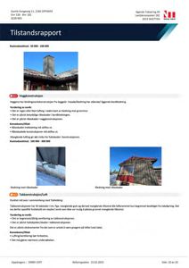 Et dokument (tilstandsrapport) som inneholder flere fotografier av en bygning, inkludert tak, veggkonstruksjon og loft.