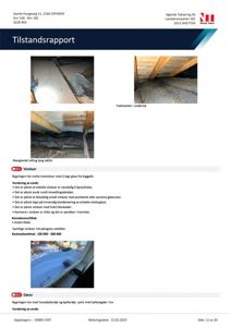 Fotografier av en bygning (vinduer, tak, dører) inkludert tekstbeskrivelser av tilstand og tiltak.