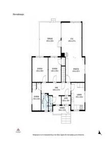 Plantegning av hovedetasjen i en bolig, som viser romfordeling, størrelser og plassering av dører og vinduer.