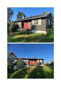 Fotografi av en enebolig sett fra to ulike vinkler (en side og en frontansikt).