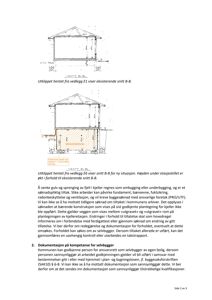 Tegning som viser et snitt (B-B) gjennom en eksisterende bygning og en ny situasjon, med mål og konstruksjonsdetaljer.