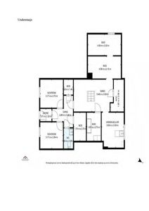 Etasjeplan for underetasjen som viser romfordeling, romnavn (soverom, gang, WC, vaskerom) og mål på rommene.