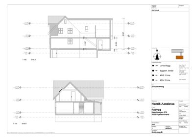 Tegning som viser tverrsnitt gjennom en bygning (Snitt A og B) med mål og høyder.