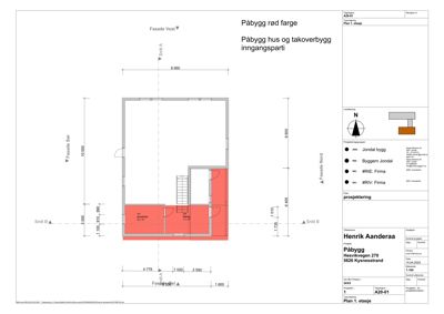 Etasjeplan for et påbygg (Plan 1. etasje) som viser romfordeling, dimensjoner og fasader.