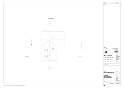 Fasadetegning som viser bygningens form sett fra alle fire sider (Nord, Sør, Øst, Vest) med angitte mål og orientering.