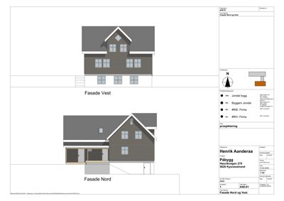 Fasadetegning som viser bygningens utsyn mot nord og vest.