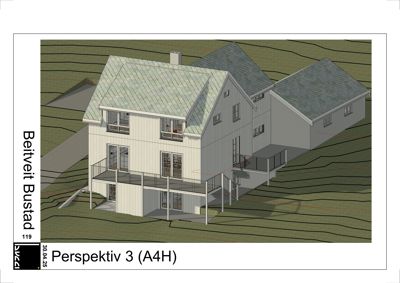3D-visualisering (rendering) av en boligprosjekt kalt 'Beitveit Bustad'. Bildet viser fasade, takform og plassering i terrenget.