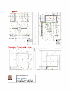 Bildet viser etasjeplaner for 1. etasje og garasjen, inkludert romfordeling og arkitektoniske detaljer.