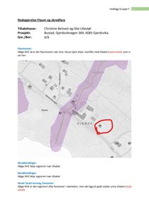 Kart som viser eiendomsplassering i forhold til flaumsoner og skredhendelser.