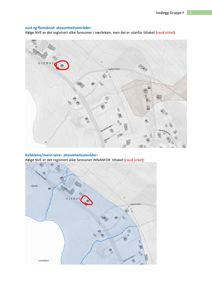 Kart som viser to situasjonsplaner med overlagte aktsomhetsområder (raud sirkel og blå prikket felt) basert på NVE-data.
