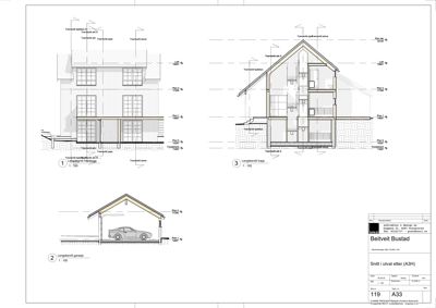 Snittegning som viser tverrsnitt gjennom en bygning (Beitveit Bustad) med detaljer om etasjer, takkonstruksjon, garasje og trapp.