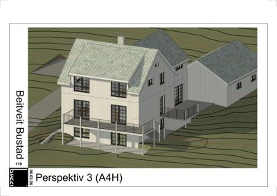 3D-visualisering (rendering) av en planlagt bustad sett fra et bestemt perspektiv.