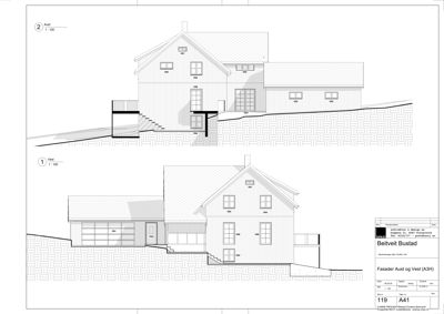 Fasadetegning som viser bygningens utseende fra øst og vest, inkludert vinduer, dører, takform og terrengforhold.