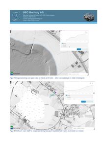 Bildet viser to kart fra Kartverket som illustrerer terrengprofil og erosjonsskråning langs en sjø. Det er også inkludert et logo og kontaktinformasjon for GEO Breiteig AS.