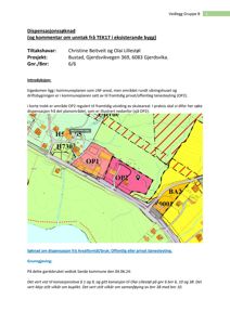Et kart som viser eiendomsforhold, arealbruksplaner (OP1, OP2, BA2) og dispensasjonssøknad for et prosjekt i Gjerdsvikviken.