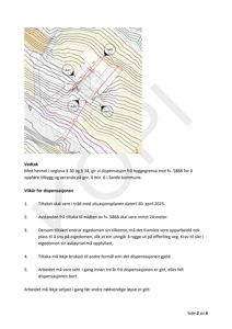 Situasjonsplan som viser tomtens beliggenhet i forhold til veger (A40, A41, 5868), høydeforhold (konturlinjer) og planlagt byggefelt med angitte avstander.