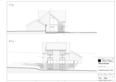 Fasadetegning som viser bygningens utseende sett fra nord og sør, inkludert vinduer, dører og takform.