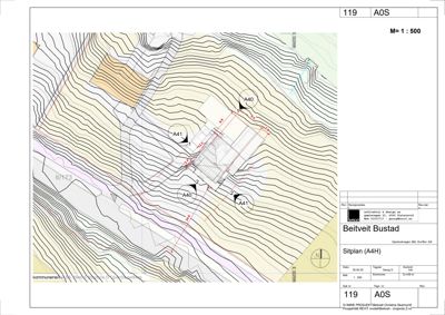 Situasjonsplan (Sitplan) som viser tomtens terrengform (konturlinjer), bygningers plassering, og tilknyttede vegforhold.