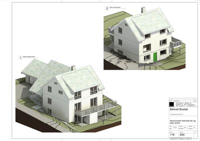 3D-visualisering (aksommetri) av en bolig sett fra fronten, med to varianter (før og etter endring) vist på samme ark.