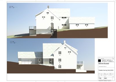 Fasadetegning (rendering) som viser bygningens utseende fra øst og vest.