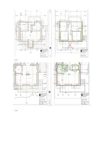 Bildet viser etasjeplaner (etasjeplaner) for en bygning, med romfordeling, vegger og utstyr. Det er også markeringer (grønne og røde streker) som indikerer endringer eller fokusområder.